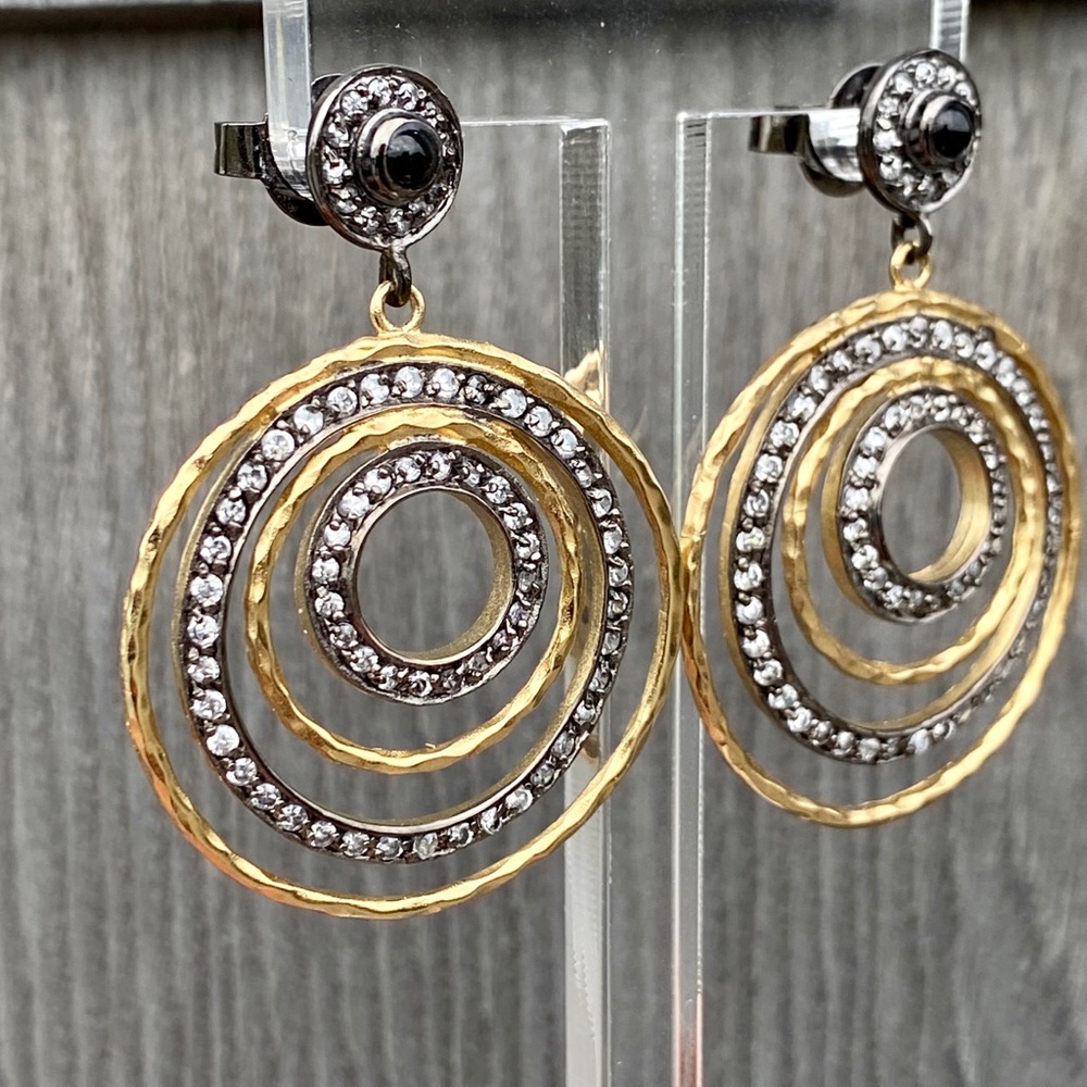 Hammered Gold Tone & Gunmetal Pave Circle Earrings